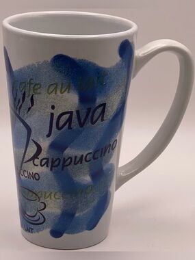 Tall Latte Java Cappuccino Espresso Cafe au Lait Coffee Mug | Blue White Ceramic